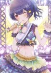  1girl absurdres blush bow breasts hair_bow highres huge_filesize idol idolmaster idolmaster_shiny_colors looking_at_viewer medium_breasts midriff morino_rinze namamake navel one_eye_closed open_mouth ponytail red_eyes sidelocks skirt solo stomach wrist_cuffs wristband 