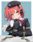  1girl ahoge bangs beret black_jacket bow bowtie candy chin_rest ear_protection expressionless food fur_trim girls_frontline hair_bobbles hair_ornament hat jacket kawara_pigeon lollipop long_sleeves looking_at_viewer mp7_(girls_frontline) off_shoulder one_side_up redhead solo yellow_eyes 
