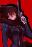  1girl absurdres black_hair braid breasts cross-laced_clothes from_side gloves gun handgun highres holding holding_gun holding_weapon medium_breasts medium_hair moddedjoker parted_lips persona persona_5 pistol red_background red_eyes shoulder_spikes silhouette solo spikes trigger_discipline twitter_username upper_body weapon white_gloves 