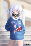  bangs blue_eyes blue_hair blue_hoodie blunt_bangs gawr_gura hawawa highres hololive hololive_english mask medium_hair mouth_mask multicolored_hair shark_print silver_hair sleeves_past_wrists streaked_hair two_side_up virtual_youtuber wide_sleeves 