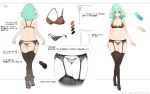  1girl ahoge ass bare_arms bare_shoulders black_bra black_legwear black_panties blue_eyes bra breasts character_sheet crossed_legs from_behind full_body garter_belt green_eyes green_hair heterochromia highres large_breasts looking_at_viewer medium_hair mizunoto_seiryuu multicolored_hair navel original panties side-tie_panties solo standing stomach streaked_hair string_bra string_panties thigh-highs thighs translation_request underwear underwear_only watson_cross 