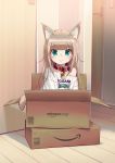  1girl 40hara animal_ear_fluff animal_ears aqua_eyes bangs blush_stickers box cardboard_box cat_ears cat_girl closed_mouth clothes_writing collar commentary_request highres in_box in_container indoors kinako_(40hara) light_brown_hair long_hair looking_at_viewer original pet_collar red_collar shirt smile solo t-shirt white_shirt 