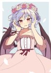  1girl bat_wings beni_kurage blue_hair commentary cosmos_(flower) dress flower hands_up head_wreath highres medium_hair open_mouth pink_dress red_eyes red_ribbon remilia_scarlet ribbon short_sleeves smile solo touhou upper_body wings wrist_ribbon 