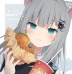  1girl amashiro_natsuki animal_ears bangs blue_eyes blush cat_ears cat_girl close-up cup eating english_commentary eyebrows_behind_hair face food grey_hair hair_ornament hairclip hamburger highres holding holding_food long_hair long_sleeves nacho_(amashiro_natsuki) nail_polish original slit_pupils solo thank_you vest wing_collar x_hair_ornament 