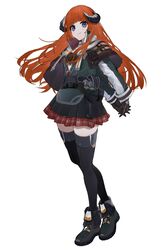  0mot 1girl arknights arms_behind_back bagpipe_(arknights) black_gloves explosive gloves grenade hands_together highres horns long_hair orange_hair plaid plaid_skirt skirt smile thigh-highs violet_eyes white_background 