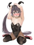  1girl akebono_(kantai_collection) alternate_costume animal_ears armpits arms_up bare_shoulders black_headband black_legwear blush breasts brown_eyes covered_navel eyebrows_visible_through_hair fake_animal_ears full_body hair_between_eyes hair_ornament headband highres kantai_collection leotard long_hair long_ponytail looking_at_viewer open_mouth pantyhose playboy_bunny purple_hair rabbit_ears red_footwear shoes side_ponytail simple_background sitting small_breasts solo tama_(seiga46239239) thigh-highs very_long_hair wariza white_background 