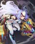  2girls android bare_shoulders breasts energy_weapon forehead_protector gloves grey_background highres hwoking kos-mos kos-mos_re: leaning_forward long_hair looking_at_viewer medium_breasts multiple_girls red_eyes scythe simple_background solo_focus t-elos t-elos_re: thigh-highs very_long_hair violet_eyes weapon xenoblade_chronicles_(series) xenoblade_chronicles_2 xenosaga 