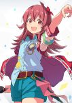  1girl absurdres ahoge arm_up belt collared_shirt commentary_request confetti cowboy_shot gradient hair_ornament highres holding holding_microphone idolmaster idolmaster_shiny_colors jacket komiya_kaho long_hair looking_at_viewer microphone open_clothes open_jacket open_mouth pink_eyes pointing rauto redhead shirt short_sleeves shorts solo white_background 