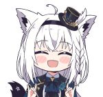  1girl ahoge animal_ear_fluff animal_ears ascot bangs blue_jacket blue_neckwear blush braid chibi closed_eyes eyebrows_visible_through_hair facing_viewer fox_ears fox_girl fox_shadow_puppet fox_tail hair_between_eyes hairband hat hololive jacket kukie-nyan long_hair mini_hat open_mouth pentagram shirakami_fubuki shirt sidelocks single_braid solo tail transparent_background virtual_youtuber white_hair white_shirt 