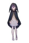  1boy bandaged_foot bandaged_head bandaged_leg bandages bangs black_cape black_hood cape closed_mouth commentary_request copyright_request cosplay_request dangan_ronpa dress ewa_(seraphhuiyu) facing_viewer frown full_body grey_dress highres hood hood_up hooded_cape new_dangan_ronpa_v3 ouma_kokichi simple_background solo white_background 