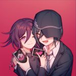  2boys bangs black_hair black_headwear black_jacket cellphone collarbone collared_shirt commentary_request dangan_ronpa diagonal-striped_neckwear diagonal_stripes ewa_(seraphhuiyu) gradient_hair hair_between_eyes hat highres holding jacket long_sleeves lower_teeth male_focus multicolored_hair multiple_boys necktie new_dangan_ronpa_v3 one_eye_closed one_eye_covered open_mouth ouma_kokichi phone pink_background purple_hair saihara_shuuichi school_uniform shirt short_hair simple_background smile striped striped_neckwear upper_body white_shirt wing_collar 