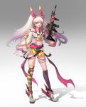  1girl absurdres animal_ears blonde_hair blue_eyes breasts english_commentary fake_animal_ears floating_hair gun highres holding holding_gun holding_weapon horong long_hair looking_at_viewer mechanical_ears midriff navel open_mouth original rabbit_ears rifle small_breasts solo standing thigh_strap two_side_up weapon white_hair 