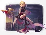  1boy :d black_footwear black_gloves black_legwear blonde_hair bow cape full_body gloves highres kneehighs magical_boy midriff night199812 open_mouth original otoko_no_ko outdoors polearm red_bow sidesaddle smile spear weapon 