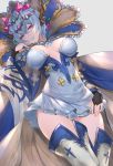  1girl blue_hair boots bridal_gauntlets cape detached_sleeves dress granblue_fantasy long_sleeves macula_marius short_hair solo strapless strapless_dress thigh-highs thigh_boots thighs violet_eyes wide_sleeves wuming 