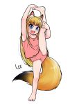  1girl animal_ear_fluff animal_ears arm_up armpits artist_name barefoot blonde_hair blue_eyes camisole commentary_request feet fox_ears fox_tail full_body hand_on_own_foot hand_on_own_leg komugi_(lee) lee_(colt) leg_up legs long_hair open_mouth original panties pink_camisole pink_panties simple_background smile solo split standing standing_on_one_leg standing_split tail thighs toes underwear underwear_only white_background 
