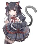  1girl animal_ears bangs bell black_hair black_legwear blunt_bangs bow bowtie brown_eyes cat_ears cat_tail choker eyebrows_visible_through_hair frilled_skirt frills hair_ornament hair_ribbon hairclip highres idolmaster idolmaster_shiny_colors juliet_sleeves long_hair long_sleeves mayuzumi_fuyuko nemu_kotatsu open_mouth puffy_sleeves red_bow red_neckwear ribbon shirt simple_background skirt sleeve_cuffs solo striped striped_shirt tail thigh-highs two_side_up vertical-striped_shirt vertical-striped_skirt vertical_stripes white_background 