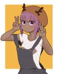  1girl :3 antlers bangs beret blush breasts brown_headwear closed_mouth collarbone dark_skin double_w eyebrows_visible_through_hair fake_antlers fate/prototype fate/prototype:_fragments_of_blue_and_silver fate_(series) hair_between_eyes hands_up hassan_of_serenity_(fate) hat highres i.u.y looking_at_viewer orange_background overalls purple_hair reindeer_antlers shirt short_sleeves sidelocks small_breasts solo two-tone_background v-shaped_eyebrows violet_eyes w white_background white_shirt 