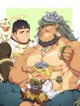  3boys abs animal_ears animal_on_shoulder arsalan_(tokyo_houkago_summoners) bara bare_chest beard black_bodysuit black_hair blush bodysuit brown_fur cat cat_on_shoulder character_request chest chest_hair closed_eyes couple crossed_legs eating facial_hair fingernails furry green_hair halo highres lion_boy lion_ears looking_at_another male_focus medium_hair multiple_boys muscle nipples on_lap open_mouth paper sharp_fingernails shoes short_hair size_difference stubble thick_thighs thighs tokyo_houkago_summoners yellow_eyes yellow_fur youzora_samo18 zabaniya_(tokyo_houkago_summoners) 