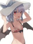  1girl bare_arms bare_shoulders bat_wings bikini black_wings blue_bow blue_hair bow fang flat_chest hat hat_bow long_hair looking_at_viewer nazuka_(mikkamisaki) open_mouth plaid plaid_bikini red_eyes remilia_scarlet simple_background solo sun_hat swimsuit touhou upper_body white_background white_headwear wings 