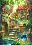  bridge building bush day door fantasy flower grate gutter highres kemi_neko no_humans original outdoors plant potted_plant scenery stairs stream tree water 