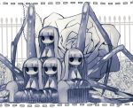  4girls bangs blunt_bangs clone collar dress eye_(okame_nin) flower highres horror_(theme) jitome long_hair looking_at_viewer monochrome multiple_girls okame_nin original quadruplets rags spider_legs spiked_collar spikes 