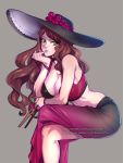  1girl bikini breasts brown_hair dorothea_arnault fire_emblem fire_emblem:_three_houses fire_emblem:_three_houses fire_emblem_16 fire_emblem_heroes flower green_eyes hat hat_flower intelligent_systems kukumomo large_breasts lips looking_at_viewer musical_instrument nintendo red_flower simple_background solo sun_hat super_smash_bros. swimsuit watermark web_address 
