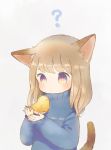 1girl ? animal animal_ears ayu_(mog) bird blue_sweater blush brown_hair cat_ears cat_tail closed_mouth holding holding_animal holding_bird long_hair long_sleeves multicolored multicolored_eyes original signature simple_background solo sweater tail violet_eyes white_background yellow_eyes 