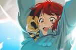 1girl :d animal animal_on_shoulder arms_up bangs blurry blurry_background close-up collar eyebrows_visible_through_hair highres kaze_no_tani_no_nausicaa long_sleeves looking_down maro_(lij512) nausicaa one_eye_closed open_mouth redhead short_hair smile solo 