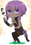  1girl :3 bangs bare_shoulders black_bodysuit blush bodysuit chibi closed_mouth dark_skin double_w eyebrows_visible_through_hair fate/prototype fate/prototype:_fragments_of_blue_and_silver fate_(series) flower full_body hair_between_eyes hassan_of_serenity_(fate) highres i.u.y looking_at_viewer no_shoes purple_flower purple_hair solo sparkle_background standing standing_on_one_leg stirrup_legwear toeless_legwear violet_eyes w 