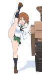  1girl :d breasts brown_eyes brown_footwear brown_hair commentary_request eyebrows_visible_through_hair full_body girls_und_panzer green_skirt henyaan_(oreizm) highres leg_up legs long_sleeves looking_at_viewer medium_breasts military military_vehicle nishizumi_miho ooarai_school_uniform open_mouth panties school_uniform shoes short_hair simple_background skirt smile socks solo split standing standing_on_one_leg standing_split thighs underwear white_background white_panties 