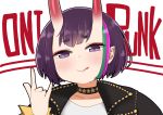  1girl :p \m/ background_text bangs black_choker black_jacket blush choker closed_mouth collarbone english_text eyebrows_visible_through_hair fate/grand_order fate_(series) green_hair hand_up highres horns i.u.y jacket looking_at_viewer multicolored_hair oni oni_horns open_clothes open_jacket pink_hair purple_hair shirt short_eyebrows short_hair shuten_douji_(fate/grand_order) simple_background smile solo streaked_hair thick_eyebrows tongue tongue_out violet_eyes white_background white_shirt 