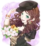  1girl black_headwear bracelet brown_hair dorothea_arnault earrings fire_emblem fire_emblem:_three_houses flower garreg_mach_monastery_uniform green_eyes hat holding ichii_k jewelry long_hair long_sleeves nail_polish open_mouth solo uniform upper_body 