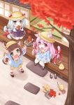  3girls :d absurdres animal_ear_fluff animal_ears architecture arms_up autumn autumn_leaves azur_lane bangs bell bird black_footwear blue_eyes blue_hair blue_shirt blunt_bangs blurry_foreground blush bow broom brown_hair cat_ears cat_tail chick commentary_request dress dustpan ears_through_headwear east_asian_architecture eating eyebrows_visible_through_hair falling_leaves fang food footwear_removed full_body green_eyes hair_between_eyes hat highres holding holding_food holding_leaf huge_filesize jingle_bell kindergarten_uniform kinomiki_(tales22) kisaragi_(azur_lane) leaf lifebuoy_ornament long_hair long_sleeves looking_up loose_socks low-tied_long_hair manjuu_(azur_lane) mikazuki_(azur_lane) multiple_girls mutsuki_(azur_lane) neckerchief off-shoulder_dress off_shoulder open_mouth pink_eyes pink_hair purple_dress ribbon school_hat shadow shirt shoes short_hair sidelocks sitting skin_fang skirt sliding_doors smile squirrel_ears squirrel_tail standing striped striped_legwear tail tail_bell tail_ornament tail_ribbon taiyaki tatami thigh-highs tree twintails veranda very_long_hair wagashi wariza white_legwear wooden_floor yellow_headwear yellow_neckwear yellow_skirt 