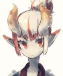  1girl closed_mouth grey_hair hair_bun highres horns iga_(okame_nin) looking_at_viewer multicolored_hair okame_nin original pointy_ears portrait red_eyes redhead simple_background skin-covered_horns solo spiked_horns streaked_hair white_background white_skin 