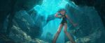  1girl :d absurdres air_bubble bare_arms bare_legs bare_shoulders blue_hair blue_theme bubble diving_mask feet_out_of_frame fish hand_up highres looking_at_viewer name_tag negative_space open_mouth orange_eyes original scenery school_swimsuit shichigatsu smile solo swimsuit underwater upper_teeth 