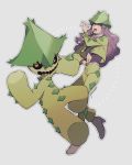  1boy cacturne clothing_cutout commentary_request crop_top gen_3_pokemon green_headwear grey_background hand_on_hip hand_up harley_(pokemon) hat kusuribe long_hair long_sleeves navel navel_cutout open_mouth outline pants pokemon pokemon_(anime) pokemon_(creature) pokemon_rse_(anime) purple_hair signature tongue 