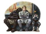 2boys 3boys aikawa_(dorohedoro) bench black_hair blonde_hair character_request couple crossed_arms dorohedoro full_body gloves hair_over_shoulder hand_on_another&#039;s_shoulder helmet looking_at_another male_focus multicolored_hair multiple_boys risu_(dorohedoro) shoes short_hair sleeping sleeping_on_person sleeping_upright steel_peach tattoo two-tone_hair 