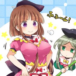  2girls apron bamboo black_headwear blush bow breasts brown_hair dress eyebrows_visible_through_hair green_dress green_eyes green_hair hair_between_breasts hat large_breasts long_bangs looking_at_breasts multiple_girls nishida_satono pote_(ptkan) see-through_dress short_hair_with_long_locks short_sleeves sidelocks star_(symbol) teireida_mai touhou upper_body violet_eyes 