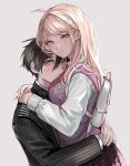  1boy 1girl absurdres ahoge akamatsu_kaede backpack bag bangs black_jacket blonde_hair blush breasts brown_eyes collared_shirt dangan_ronpa_(series) dangan_ronpa_v3:_killing_harmony eighth_note from_side grey_background hair_ornament hetero highres hug jacket long_hair long_sleeves looking_at_viewer medium_breasts musical_note musical_note_hair_ornament muuyiie necktie orange_neckwear pink_eyes pleated_skirt saihara_shuuichi school_uniform shirt short_hair skirt smile sweatdrop sweater_vest symbol_commentary white_shirt 