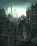  1girl against_railing ahoge ankle_boots black_jacket black_legwear boots brown_footwear building cityscape green_hair grey_eyes hands_in_pockets highres jacket long_sleeves looking_at_viewer open_clothes open_jacket original scenery shichigatsu shirt skyscraper smile socks solo white_shirt 