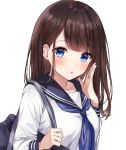  1girl bag bangs blue_eyes blue_sailor_collar blush breasts brown_hair eyebrows_visible_through_hair hand_on_own_face highres long_hair long_sleeves looking_at_viewer original parum39 sailor_collar school_bag school_uniform serafuku shoulder_bag solo 