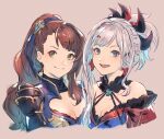  2girls armor asymmetrical_hair bangs bare_shoulders beatrix_(granblue_fantasy) blue_eyes brown_hair collar earrings fate/grand_order fate_(series) granblue_fantasy green_eyes hair_ornament hair_ribbon jewelry long_hair looking_at_viewer magatama_necklace miyamoto_musashi_(fate/grand_order) multiple_girls open_mouth ponytail ribbon shimatani_azu shoulder_armor silver_hair simple_background smile upper_body 