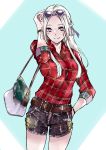  1girl alternate_costume bag bangs belt black_shorts blue_background breasts casual closed_mouth commentary contemporary cowboy_shot edelgard_von_hresvelg eyewear_on_head fire_emblem fire_emblem:_three_houses forehead ganbaru_(tkstsukachiku) hair_ribbon hand_on_hip handbag long_hair looking_at_viewer medium_breasts parted_bangs plaid plaid_shirt red_shirt ribbon shirt short_shorts shorts silver_hair simple_background smile solo straight_hair sunglasses violet_eyes white_background wristband 