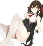  1girl bangs black_gloves black_hair blush breasts closed_mouth fingerless_gloves girls_frontline gloves hair_ribbon highres large_breasts long_hair pisuta_(yamashiro) qbz-97_(girls_frontline) red_ribbon ribbon shirt simple_background solo thigh-highs torn_clothes twintails very_long_hair white_background white_legwear white_shirt yellow_eyes 