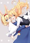  2girls :o ;d absurdres alice_margatroid animal_ears apron back_bow bangs black_dress blonde_hair blue_dress blue_eyes blush bow braid breasts bunny_girl bunny_tail capelet cat_ears cat_girl dress dutch_angle eyebrows_visible_through_hair fang frilled_capelet frills grey_background hairband highres hug kemonomimi_mode kirisame_marisa long_hair long_sleeves looking_at_viewer medium_breasts multiple_girls no_hat no_headwear one_eye_closed open_mouth rabbit_ears red_hairband shiki_(s1k1xxx) short_hair side_braid simple_background smile tail touhou very_long_hair waist_apron white_apron white_bow white_capelet yellow_eyes 