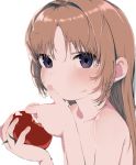  1girl absurdres bare_shoulders blush bouen collarbone eating food food_on_face hair_intakes highres holding holding_food light_brown_hair long_hair looking_at_viewer original simple_background solo tomato upper_body violet_eyes white_background 