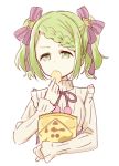  1girl bag_of_chips bangs bow braid braided_bangs breasts brown_sweater chips cropped_torso eyebrows_visible_through_hair food green_eyes green_hair hair_bow hair_ornament half-closed_eyes holding holding_food long_sleeves looking_at_viewer meito_(maze) morinaka_kazaki neck_ribbon nijisanji pom_pom_(clothes) potato_chips purple_bow purple_neckwear purple_ribbon ribbed_sweater ribbon simple_background sleeves_past_wrists small_breasts solo star_(symbol) star_hair_ornament striped striped_bow sweater swept_bangs turtleneck turtleneck_sweater twintails upper_body virtual_youtuber white_background 