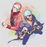  2boys aogiri_(pokemon) aogiri_(pokemon)_(remake) archie_(pokemon) brown_hair closed_mouth commentary_request facial_hair glasses holding holding_poke_ball jewelry kusuribe long_sleeves male_focus matsubusa_(pokemon) matsubusa_(pokemon)_(remake) maxie_(pokemon) multiple_boys necklace open_mouth orange_hair poke_ball poke_ball_(basic) pokemon pokemon_(game) pokemon_oras sideways_glance signature smile teeth tongue 