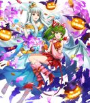  2girls amagai_tarou bangs bare_shoulders barefoot breasts candy chocolate chocolate_bar demon_tail dress eyebrows_visible_through_hair fire_emblem fire_emblem:_mystery_of_the_emblem fire_emblem:_the_blazing_blade fire_emblem_heroes floating floating_object food full_body green_eyes green_hair hair_ornament halloween_costume highres holding horns long_dress long_hair looking_away medium_breasts multiple_girls ninian_(fire_emblem) official_art open_mouth open_toe_shoes pointy_ears ponytail red_dress red_eyes shiny shiny_hair short_dress sidelocks silver_hair sleeveless smile snowflake_print tail tied_hair tiki_(fire_emblem) toes transparent_background wings 