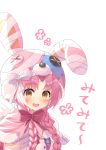  1girl :d animal_ears animal_hat bandaged_hand bangs blush bow braid brown_eyes bunny_hat capelet earmuffs eyebrows_visible_through_hair fake_animal_ears frilled_skirt frills fur-trimmed_capelet fur_trim hair_over_shoulder hat highres long_hair looking_at_viewer mimi_(princess_connect!) open_mouth parted_bangs pink_capelet pink_hair princess_connect! princess_connect!_re:dive rabbit_ears red_bow red_skirt simple_background skirt smile solo translation_request tsukiman twin_braids twintails upper_teeth white_background white_bow 